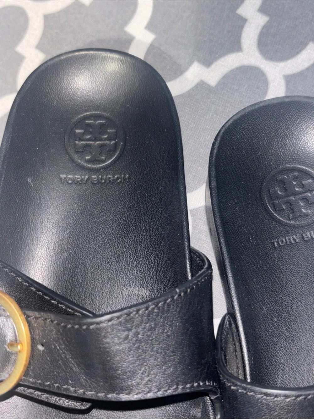 Tory Burch Black Leather Double-Buckle Slide Sandals with Gold Hardware